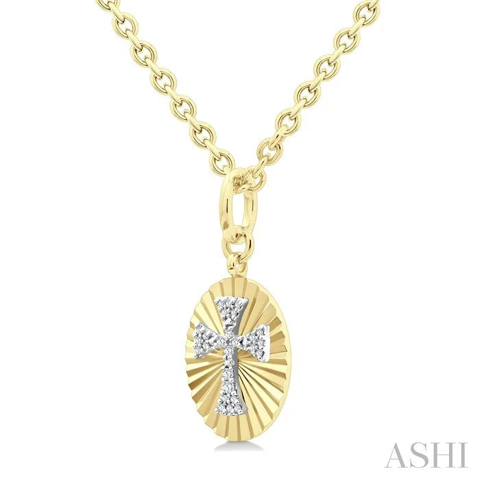 Gold Vermeil Oval Shape Cross Fluted Medallion Diamond Pendant