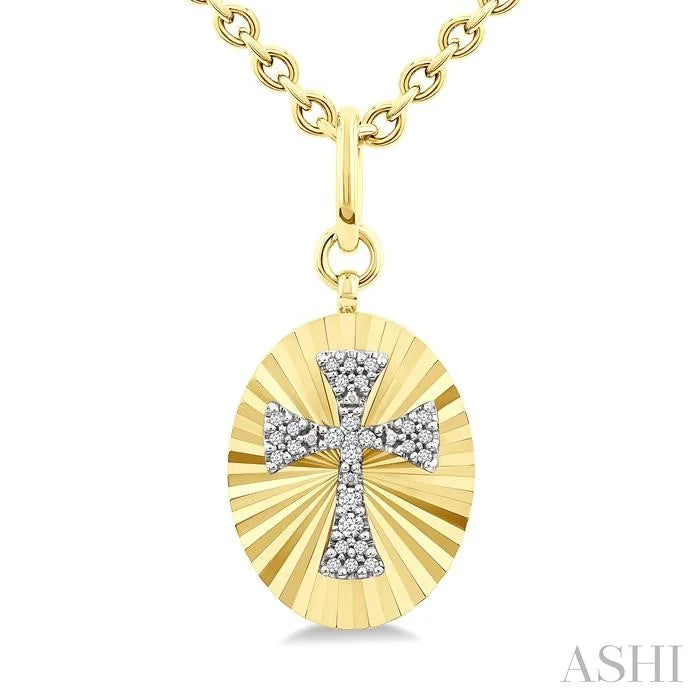 Gold Vermeil Oval Shape Cross Fluted Medallion Diamond Pendant
