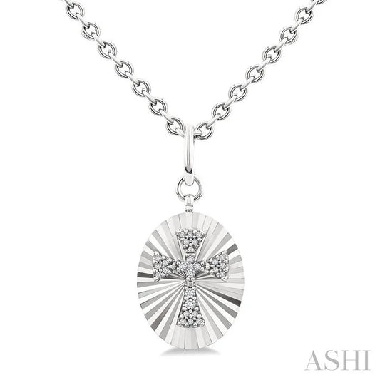 Silver Oval Shape Cross Fluted Medallion Diamond Pendant