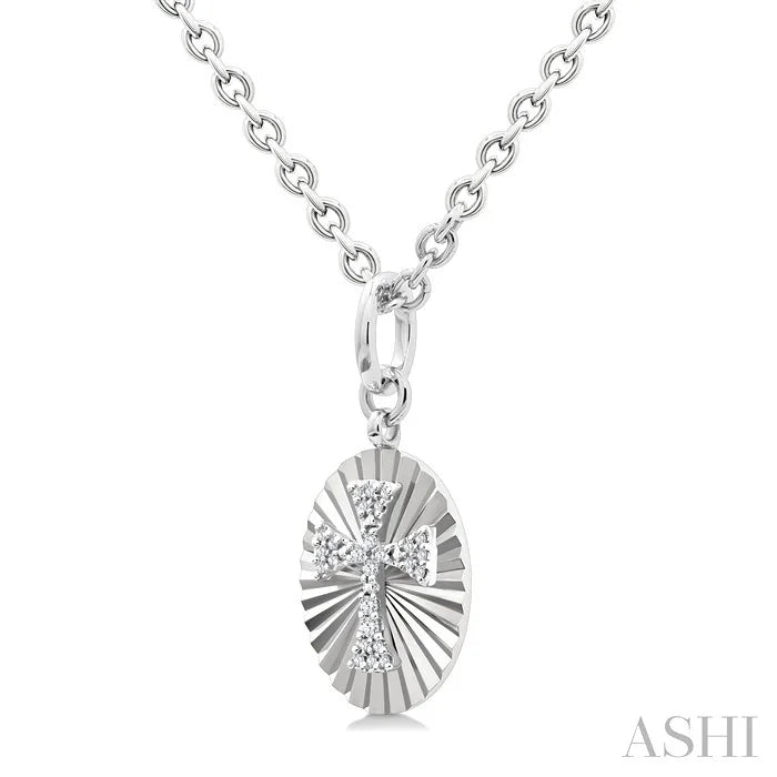 Silver Oval Shape Cross Fluted Medallion Diamond Pendant
