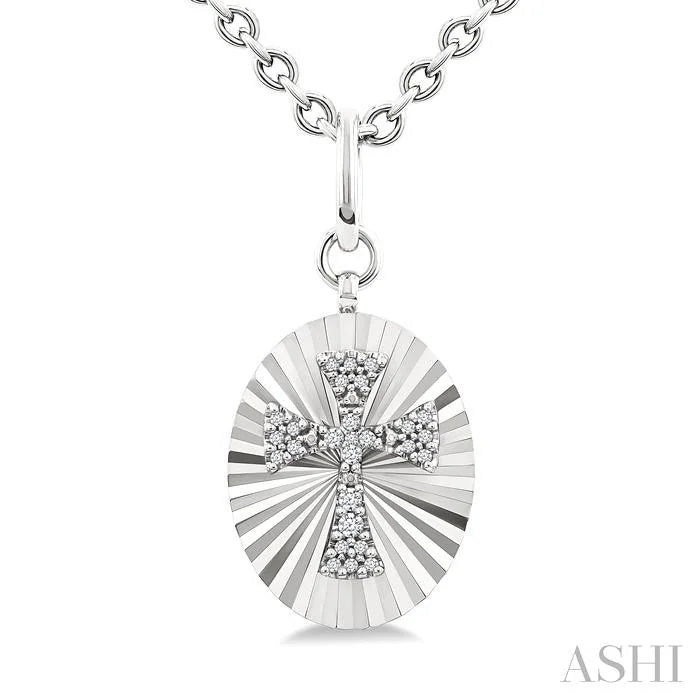 Silver Oval Shape Cross Fluted Medallion Diamond Pendant