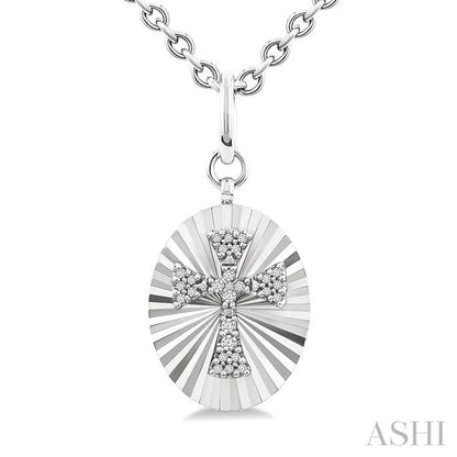 Silver Oval Shape Cross Fluted Medallion Diamond Pendant