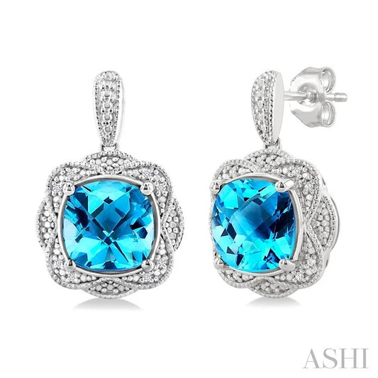 Silver Cushion Shape Gemstone & Diamond Earrings