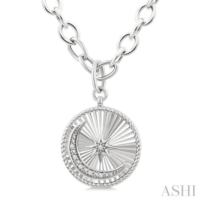 Silver Circle Crescent Moon & Star Fluted Medallion Diamond Pendant