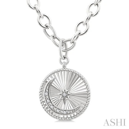 Silver Circle Crescent Moon & Star Fluted Medallion Diamond Pendant