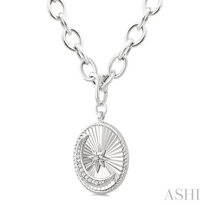 Silver Circle Crescent Moon & Star Fluted Medallion Diamond Pendant