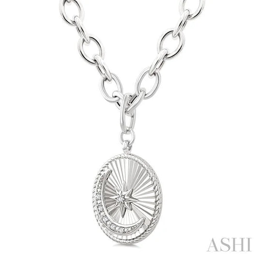 Silver Circle Crescent Moon & Star Fluted Medallion Diamond Pendant