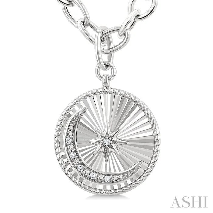Silver Circle Crescent Moon & Star Fluted Medallion Diamond Pendant