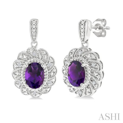Silver Oval Shape Gemstone & Diamond Earrings