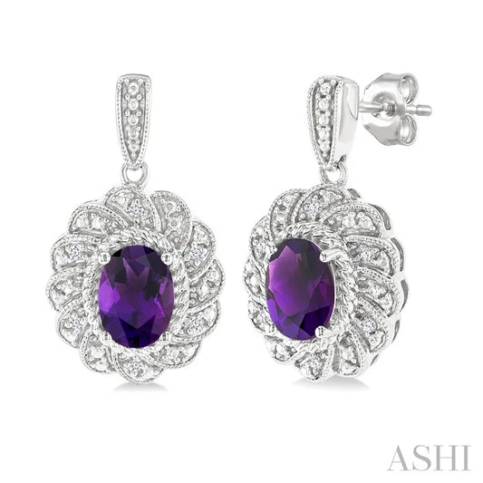 Silver Oval Shape Gemstone & Diamond Earrings