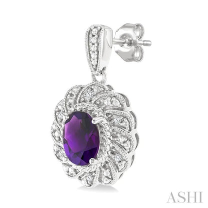 Silver Oval Shape Gemstone & Diamond Earrings
