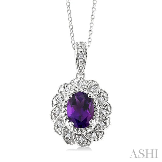 Silver Oval Shape Gemstone & Diamond Pendant