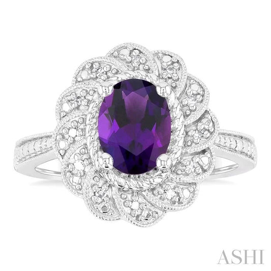 Silver Oval Shape Gemstone & Diamond Ring