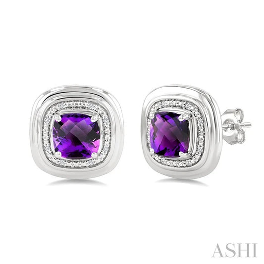 Silver Bold Cushion Shape Gemstone & Diamond Earrings
