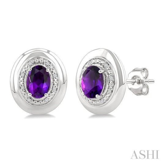 Silver Bold Oval Shape Gemstone & Diamond Earrings