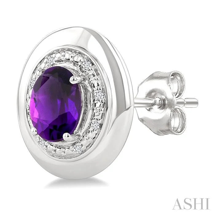 Silver Bold Oval Shape Gemstone & Diamond Earrings