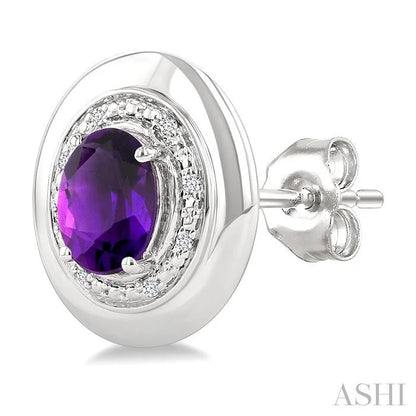 Silver Bold Oval Shape Gemstone & Diamond Earrings