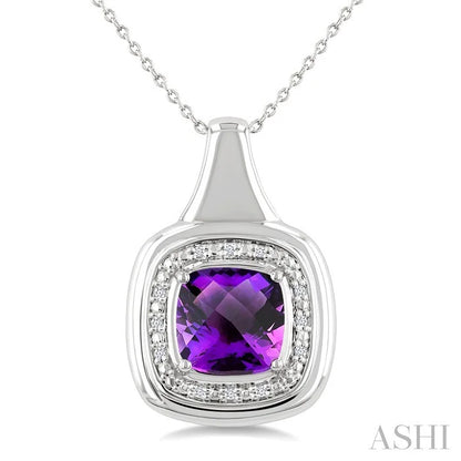 Silver Bold Cushion Shape Gemstone & Diamond Pendant