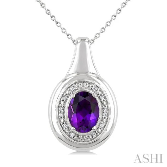 Silver Bold Oval Shape Gemstone & Diamond Pendant
