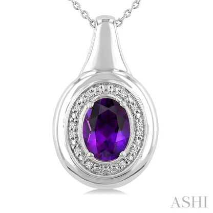 Silver Bold Oval Shape Gemstone & Diamond Pendant