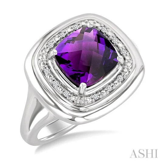 Silver Bold Cushion Shape Gemstone & Diamond Ring
