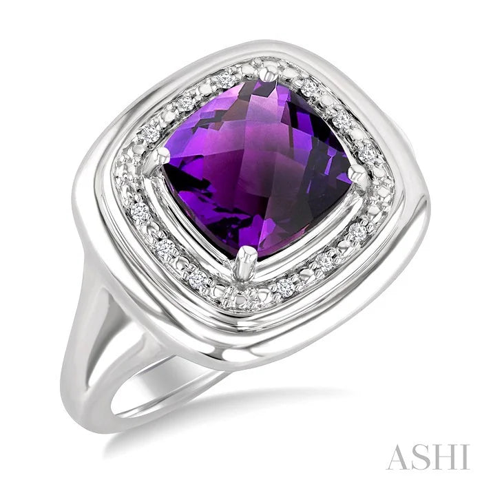 Silver Bold Cushion Shape Gemstone & Diamond Ring