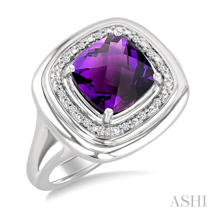 Silver Bold Cushion Shape Gemstone & Diamond Ring