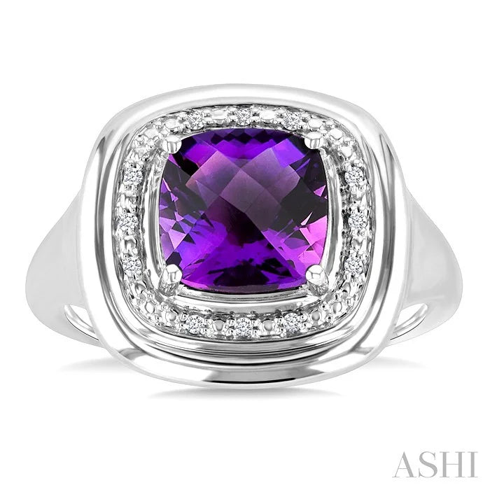 Silver Bold Cushion Shape Gemstone & Diamond Ring