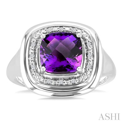 Silver Bold Cushion Shape Gemstone & Diamond Ring