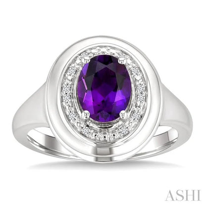 Silver Bold Oval Shape Gemstone & Diamond Ring
