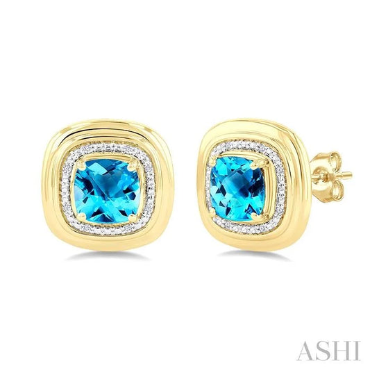 Gold Vermeil Bold Cushion Shape Gemstone & Diamond Earrings