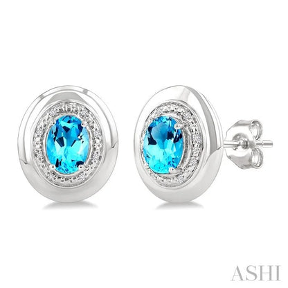 Silver Bold Oval Shape Gemstone & Diamond Earrings