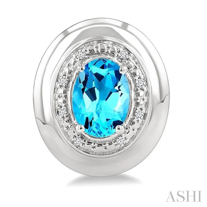 Silver Bold Oval Shape Gemstone & Diamond Earrings
