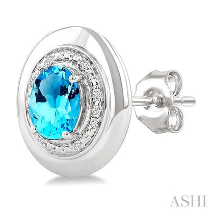 Silver Bold Oval Shape Gemstone & Diamond Earrings