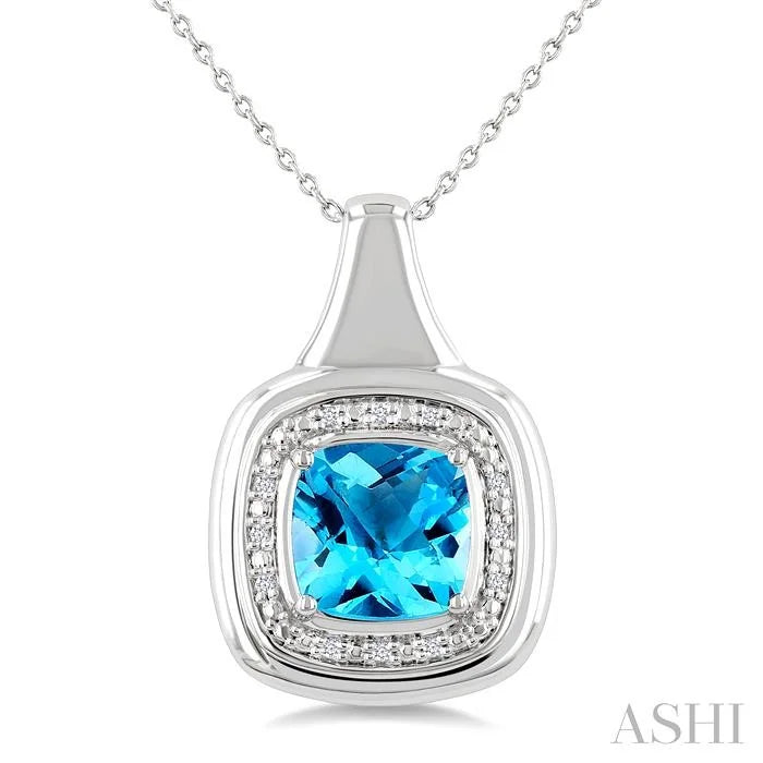 Silver Bold Cushion Shape Gemstone & Diamond Pendant