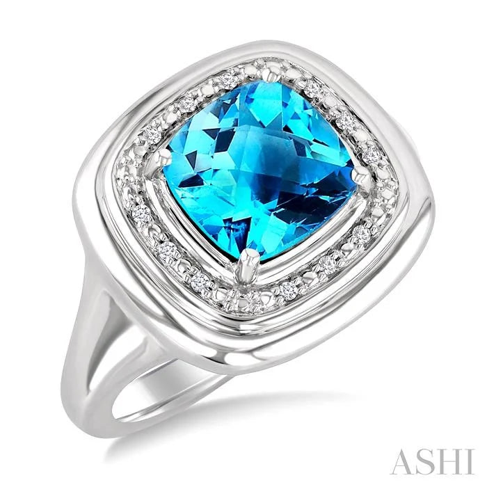 Silver Bold Cushion Shape Gemstone & Diamond Ring