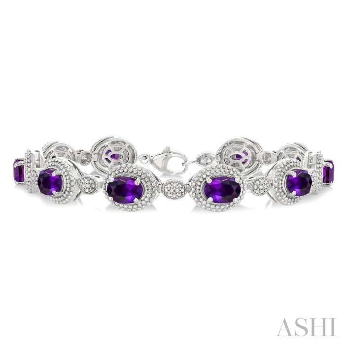 Silver Oval Shape Gemstone & Diamond Bracelet