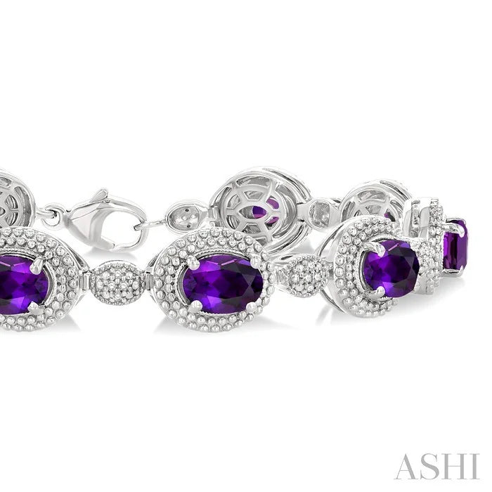 Silver Oval Shape Gemstone & Diamond Bracelet