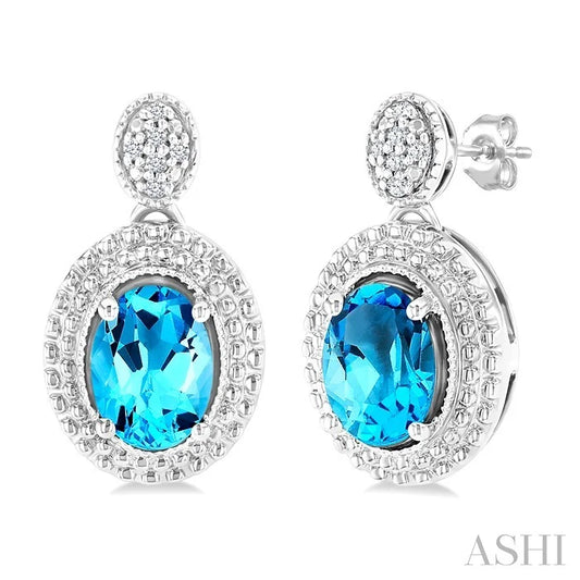 Silver Oval Shape Gemstone & Diamond Earrings