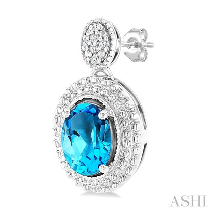 Silver Oval Shape Gemstone & Diamond Earrings