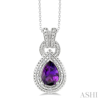 Silver Pear Shape Gemstone & Diamond Pendant