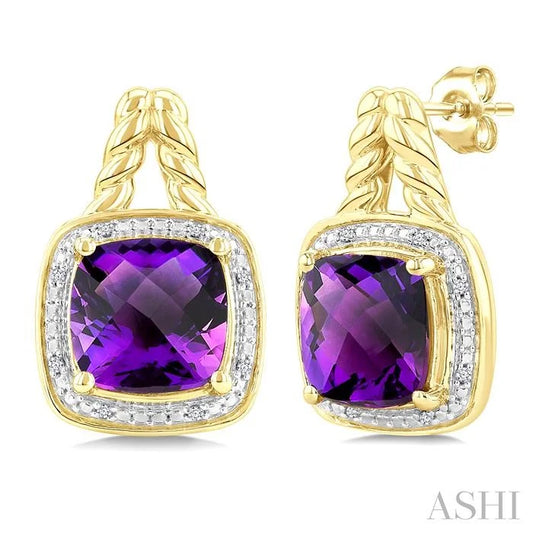 Gold Vermeil Cushion Shape Gemstone & Diamond Earrings