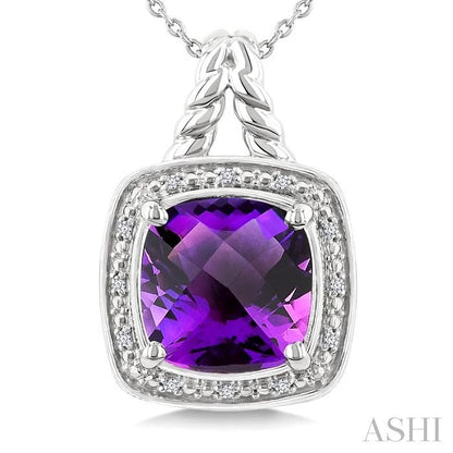 Silver Cushion Shape Gemstone & Diamond Pendant