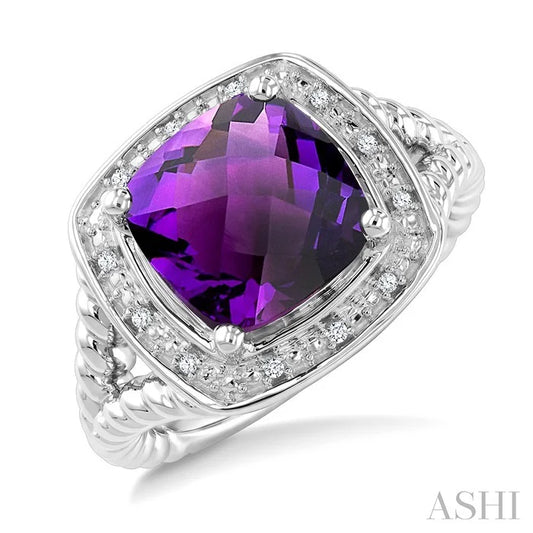 Silver Cushion Shape Gemstone & Diamond Ring