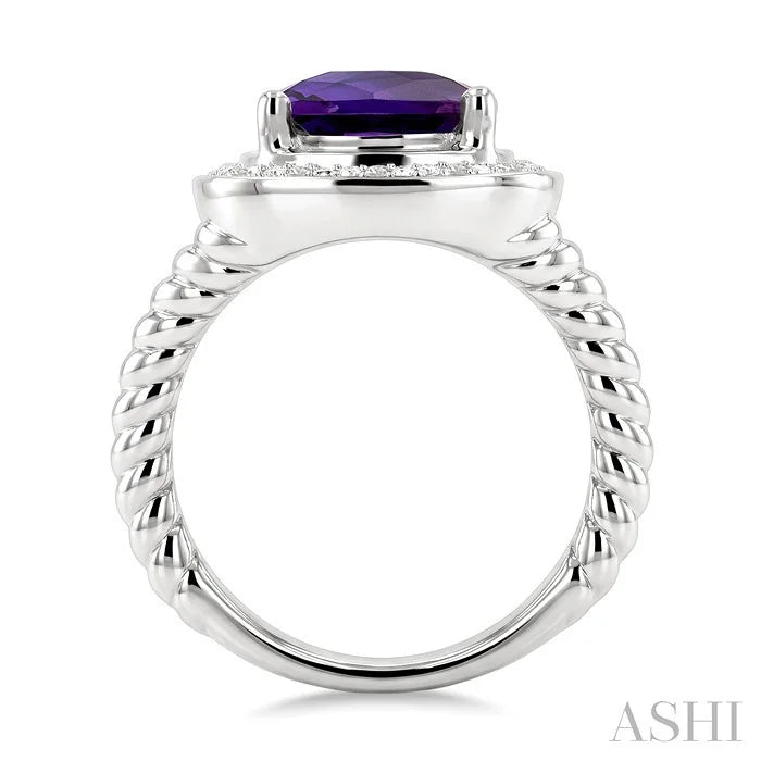 Silver Cushion Shape Gemstone & Diamond Ring
