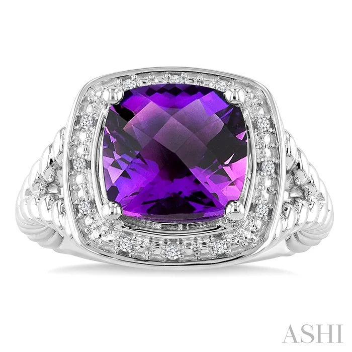 Silver Cushion Shape Gemstone & Diamond Ring
