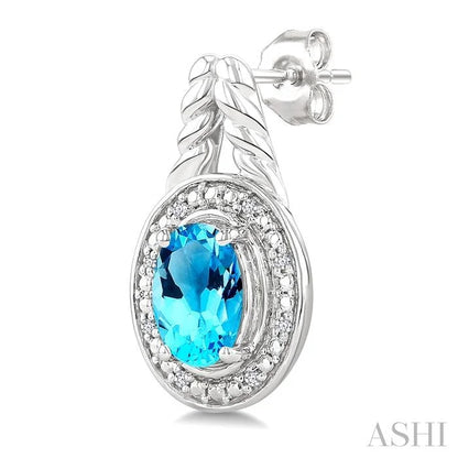 Silver Oval Shape Gemstone & Diamond Earrings