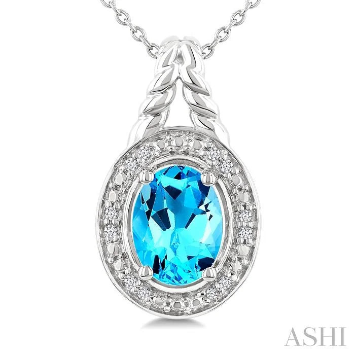 Silver Oval Shape Gemstone & Diamond Pendant