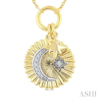 Crescent Moon & Star Charm Fluted Diamond Fashion Pendant