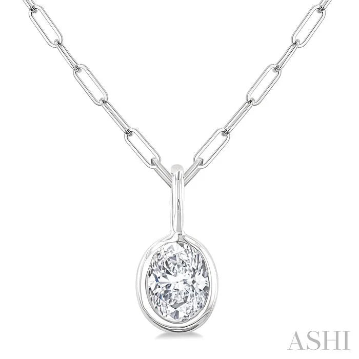 Oval Shape Bezel Set Paperclip Diamond Fashion Pendant